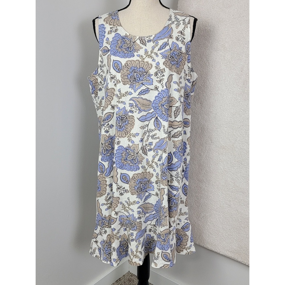 Tommy Hilfiger Floral Shift Dress 14 Blue Tan Linen Ruffle Coastal Hamptons - Picture 2 of 9